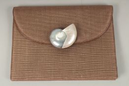 AN YVES SAINT LAURENT HESSIAN BAG with shell clasp. 27cms long x 20cms deep.