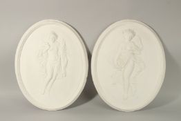 A LARGE PAIR OF CLASSICAL PLASTER OVAL PLAQUES. 42cms x 34cms.