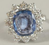 A LARGE 18CT WHITE GOLD CUSHION SAPPHIRE AND RBC DIAMOND CLUSTER RING with diamond shoulders, boxed.