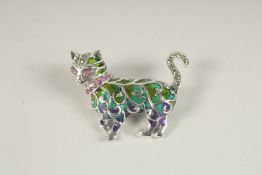 A SILVER AND PLIQUE ENAMEL RUBY EYE CAT BROOCH.