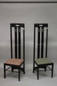 A PAIR OF RENE MACKINTOSH DESIGN HIGH BACK CHAIRS with floral drop in seat.