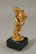 LOUIS KLEY (1833 - 1911). A GOOD GILT BRONZE CHERUB holding a marble vase. Signed L. KLEY. 14cms