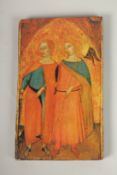 A RUSSIAN ICON, with arched top, Madonna & Child and saints. 27cms x 14cms.