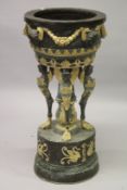 A LOUIS XVITH DESIGN BRONZE GILDED CIRCULAR VASE with masks and garlands (weathered). 114cm high.