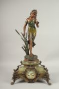 A VERY GOOD LARGE SPELTER AND ONYX CLOCK, a large bronze of a young lady beside bullrushes, the