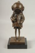 AFTER BANKSY THE BRONZE DIVER. Signed, on a square base. 28cms high.