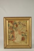 AN EARLY SILKWORK PICTURE, JOSEPH AND THE RAVENS, glazed in a gilt frame. 30cms x 25cms.