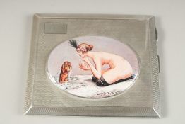AN ENGINE TURNED SILVER CIGARETTE CASE. Birmingham 1930, with a glamour model enamel.