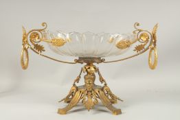 A SUPERB QUALITY FRENCH GILT BRONZE AND GLASS COMPORT with ring handles, on a base with female masks