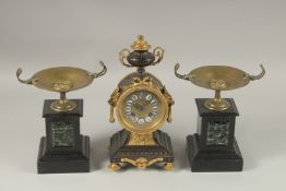 A GOOD 19TH CENTURY FRENCH MARBLE AND BRONZE THREE-PIECE CLOCK GARNITURE, the clock with urn finial,