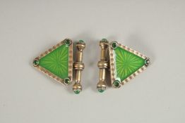 A PAIR OF RUSSIAN SILVER AND ENAMEL TRIANGLE CUFFLINKS. Marks Head 88, Faberge. Weight 14.8gms.