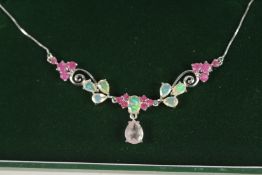 A SILVER RUBY, OPAL AND ROSE QUARTZ NECKLACE.