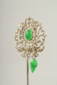 A CHINESE SILVER AND JADE HAIR PIN.