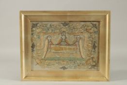 A 17TH CENTURY SILK TURIN SHROUD, framed and glazed. 26cms x 18cms.