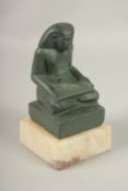 A MUSEUM COPY OF AN ALABASTER EGYPTIAN SCRIBE on a marble base. 18cms high.