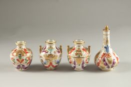A GARNITURE OF FOUR SMALL PIECES OF CROWN DERBY, scent bottle & stopper and three small vases.
