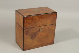 A GOOD VICTORIAN FIGURED WALNUT DECANTER BOX with two cut glass decanters and stoppers. 22cms high x