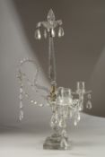 A GOOD 18TH CENTURY IRISH GLASS TABLE CENTREPIECE with prism drops and two curving candle sconces,