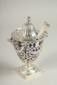 A GOOD GEORGIAN DESIGN CREAM URN SHAPED VASE AND COVER with sapphire blue liner. Chester 1905.
