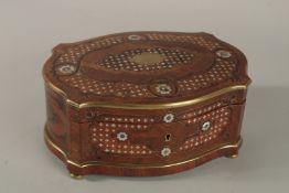 A GOOD 19TH CENTURY BRASS AND MOTHER-OF-PEARL INLAID SHAPED OVAL SEWING BOX with silk interior on