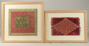 TWO 17TH CENTURY ITALIAN SILK PANELS, framed and glazed. 26cms x 28cms and 17cms x 27cms.