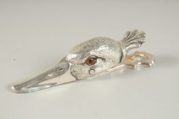 A SILVER PLATED DUCK LETTER CLIP. 12cms high.