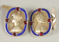 A PAIR OF RUSSIAN SILVER AND BLUE ENAMEL CUFFLINKS with a portrait of a lady and a man. Mark Head