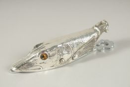 A SILVER PLATED PIKE LETTER CLIP. 14cms high.