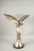 A LARGE SILVER PLATE ROLLS ROYCE FIGURE on a circular base. 80cms high.