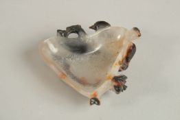 A FINE CHINESE LEAF SHAPED BRUSH WASHER, with naturalistic forms and dark inclusions, 9cm wide.