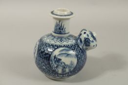 A CHINESE BLUE AND WHITE PORCELAIN KENDI, decorated with panels of flora and fauna, 20cm high.