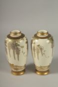 A VERY FINE PAIR OF JAPANESE SATUSMA VASES, painted with hens and flora with fine gilt highlights,