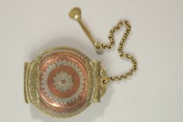 A FINE AND LARGE 18TH CENTURY SRI LANKAN SILVER AND BRASS MOUNTED COPPER LIME PASTE CONTAINER,
