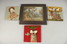 THREE LACQUERED AND PAINTED PANELS, together with a framed painting on canvass, (4).