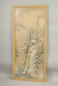 A LARGE PAINTING ON SILK DEPICTING A SNOWY LANDSCAPE SCENE, framed and glazed, 107cm x 47.5cm