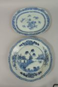 TWO 19TH CENTURY CHINESE BLUE AND WHITE PORCELAIN DISHES, (one af), oval dish 34cm x 28cm,
