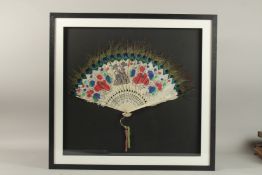 A CHINESE BONE AND FEATHER PAINTED FAN, mounted within display frame and glazed, 61.5cm x 65cm