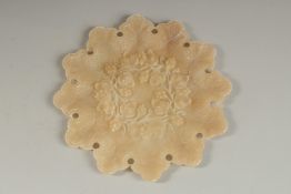 A VERY FINELY CARVED 19TH CENTURY INDIAN ALABASTER DISH, carved vine leaves and grapes, 22.5cm