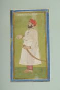 A FINE INDIAN MINIATURE PAINTING OF A MALE FIGURE, 19cm x 9cm.