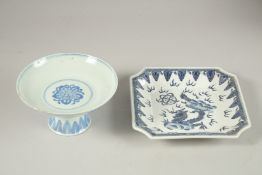 A CHINESE BLUE AND WHITE PORCELAIN PEDESTAL DISH, with longevity symbol and calligraphy, (af),