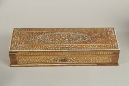 A VERY FINE 19TH CENTURY INDIAN HOSHIARPUR IVORY INLAID WOODEN BOX, 37cm x 12cm. Submission