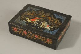 AN INDIAN KASHMIRI LACQUER PAPIER MACHE BOX, 13.5cm x 10.5cm.