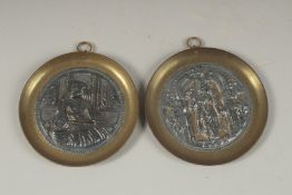 A PAIR OF 19TH CENTURY INDIAN TANJORE SILVER MOUNTED BRASS DISHES, 8.5cm diameter each.