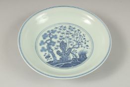 A CHINESE BLUE AND WHITE PORCELAIN DISH, the base with character mark, 19.5cm diameter.