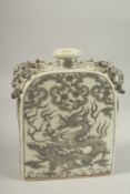 A CHINESE UNDERGLAZED PORCELAIN DRAGON FLASK, with four molded chilong handles, 22.5cm high.