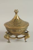 A FINE AND LARGE 19TH CENTURY MUGHAL INDIAN OPENWORKED BRASS INCENSE BURNER, with peacocks to the
