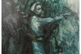 Southeast Asian School, 20th Century, mothers and children at a jungle edge, oil on canvas, 17