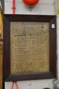 A 19th century sampler, signed Eliza Turner dated 1840, worked with buildings, figures, birds,