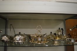 A quantity of plated items to include breakfast dish with hinged cover, bread basket, muffin dish,