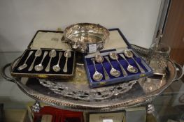Plated twin handled tray and other items.